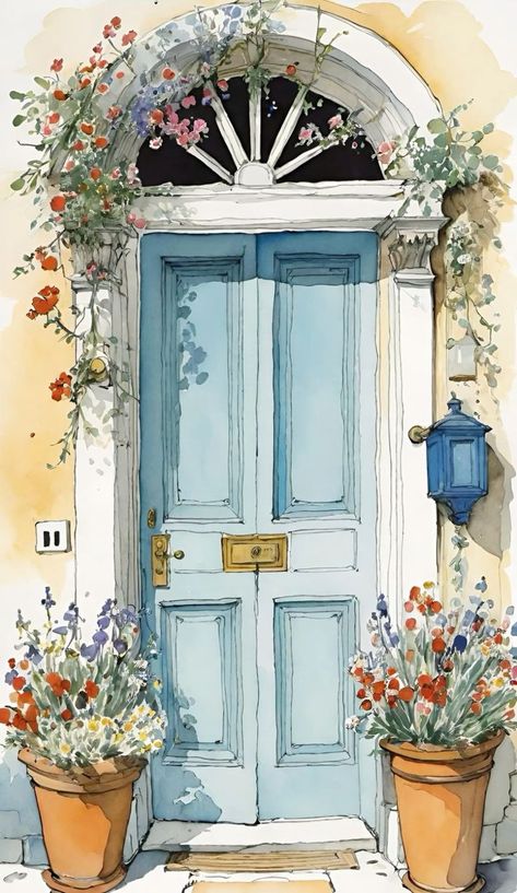 Watercolor Doors, Window Illustration, Easy Flower Painting, Watercolor Architecture, Watercolor Paintings For Beginners, Watercolor Projects, Diy Watercolor Painting, Watercolor Flower Art, Diy Watercolor