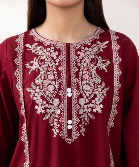 Round Neck Embroidery Designs, Neckline Embroidery Designs, Neck Embroidery Designs, Shirt With Embroidery, Maroon Fabric, Neckline Embroidery, Embroidery Fashion Detail, Neck Embroidery, Suits Design