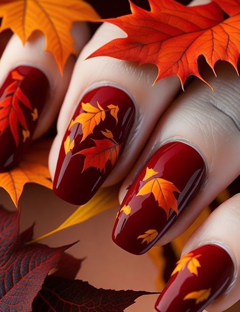 Red Fall Nails With Leaves, Nail Designs With Fall Leaves, Orange Fall Nails With Leaves, Red And Orange Fall Nails, Autumn Nails With Leaves, Oval Nails Autumn, Orange Red Nails Design, Autumn Nails Leaves, Nails With Leaves Fall