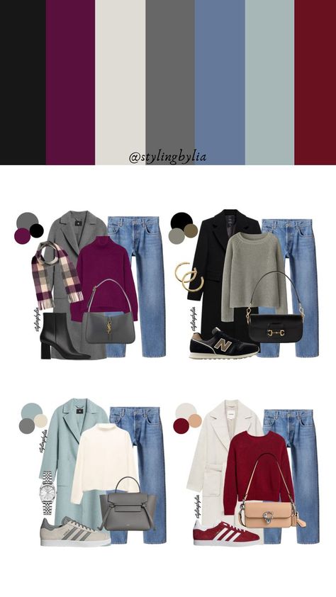 Deep Winter Color Outfits Style, Fall Outfits With Blue Jeans, Colourful Winter Capsule Wardrobe, Winter Color Pallet Outfits, Colourful Outfits Winter, Winter Pallet Outfits, Cool Winter Color Palette Outfits Capsule Wardrobe, Deep Winter Casual Outfits, Cool Winter Palette Outfits