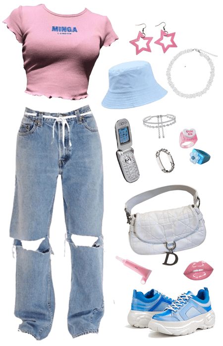 Y2k, Pink & Blue Outfit | ShopLook Y2k Aesthetic Outfits For School, Y2k Fashion Pink Baddie, Pink Blue Outfit Aesthetic, Retro Pink Outfits, Pink Y2k Outfit Layout, Pink And Blue Matching Outfits, 2000s Fashion Blue, Pink Y2k Fits, Y2k Barbie Aesthetic Outfits