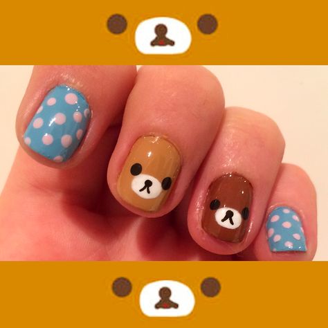 Teddy Bear Nail Art Tutorial, Sanrio Nail Art Short, Cute Nails Painted, Teddy Nail Art, Teddy Bear Nail Designs, Teddy Bear Nail Art, Gloomy Bear Nails, Bear Nails, Teddy Bear Nails