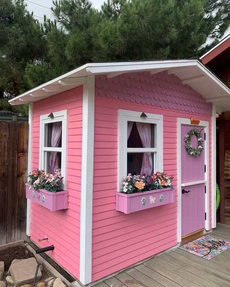 Pink Play House, Pink And Purple Playhouse, Pink Garden Shed, Pink She Shed, Pink Shed, Pink Backyard, Kids Shed, Pink Playhouse, Shed Playhouse