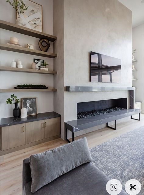 Plaster Fireplace Surround Modern, Texture Fireplace Wall, Plastered Tv Wall, Plaster Living Room Wall, Scandinavian Living Room Mantle, Modern Fireplace No Mantle, Plaster Fireplace With Bookshelves, Large Plaster Fireplace, Concrete Plaster Fireplace