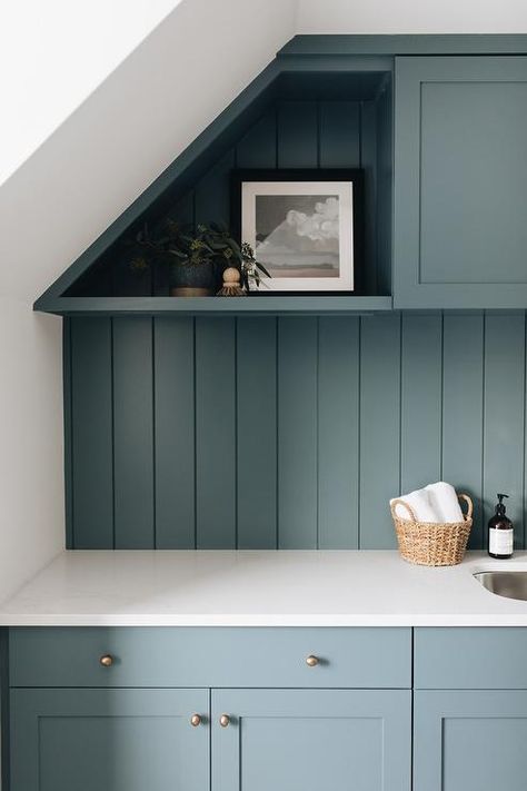 Blue Vertical Shiplap, Charlotte Slate, Cottage Laundry, Shiplap Trim, White Beveled Subway Tile, Cottage Laundry Room, Vertical Shiplap, Blue Laundry Rooms, Beveled Subway Tile