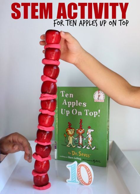 How tall can you make the tower?  Inspired by Ten apples Up On Top, this fun engineering, STEM activity with apples and playdough is a great activity for preschoolers, kindergartners and first grade! Apple Centers, Fall Stem Challenges, Preschool Inspirations, Ten Apples Up On Top, Fall Stem Activities, Active Activities, Kindergarten Stem, Dr Seuss Activities, Apple Preschool