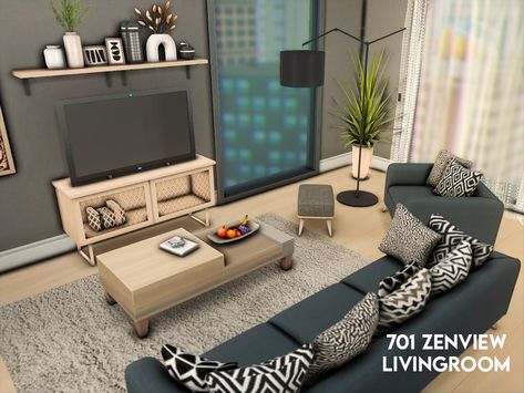 701 Zenview Sims 4, Living Room Sims 4, Kitchen Kit, Studio Living, Modern Windows, Sims 4 Build, Island Living, Outdoor Retreat, City Living