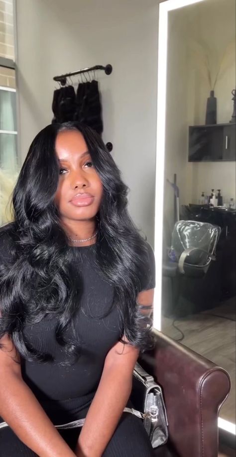 Layered Traditional Sew In, 30 Inch Bust Down Wig, Middle Part Sew In Black Women, Leave Out Sew In Weave Curly, Jet Black Sew In Weave Middle Part, Middle Part No Baby Hairs, Middle Part Pronto, Curled Sew In, Hybrid Sew In