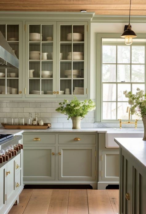 Explore sage green kitchen cabinets, a trendy choice that blends modern elegance with a natural, calming touch. Transform your kitchen today! #farmhouse #kitchen Green Cottage Kitchen, Soft Green Kitchen, Canning Room, Green Country Kitchen, Sage Green Kitchen Cabinets, American Style Kitchen, Classic Kitchen Cabinets, Sage Kitchen, Green Kitchen Designs