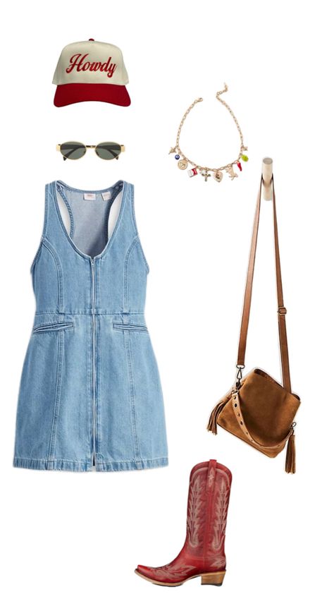 Country concert outfit, outfit inspo, Nashville outfit, cowboy boots outfit, denim dress, trucker hat, charm necklace, outfit board, outfit collage Preppy Hat Outfit, Jean Dress Outfit Cowboy Boots, Spring Country Concert Outfit, Country Concert Outfit Fall, Outfit Cowboy Boots, Jeans Dress Outfit, Preppy Hat, Concert Outfit Fall, Cowboy Halloween