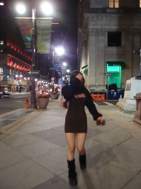 blurry picture of a girl on a Philadelphia sidewalk wearing a black bolero, brown bodycon minidress, black legwarmers, doc martens, and vintage guess shoulder bag while covering her face with her arm mid walk Black Legwarmers Outfit, Black Bolero Outfit, Black Legwarmers, Legwarmers Outfit, Bolero Outfit, Black Bolero, Guess Shoulder Bag, Cute Couple Drawings, Mini Bodycon Dress