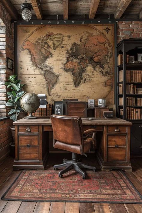 17 Chic Office Decor Ideas That Will Make You Love Working From Home Motivational Office Space, Home Office Ideas Desk Against Wall, Professor Office Aesthetic, Industrial Home Office Ideas, Men’s Study, Archeology Aesthetic Room, Indiana Jones Office, Men’s Work Office Ideas, Old Study Room