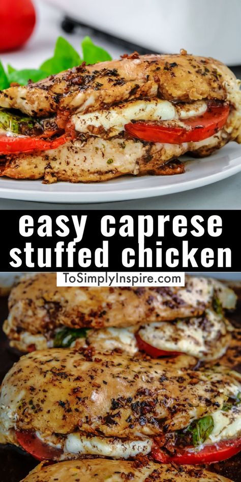 Balsamic Glaze Meals, Balsamic Stuffed Chicken, Caprese Stuffed Balsamic Chicken, Stuffed Chicken Caprese Recipe, Chicken Caprese Side Dishes, Stuffed Mediterranean Chicken, Stuffed Mozzarella Chicken, Caprese Recipes Meals, Caprese Stuffed Chicken Breast