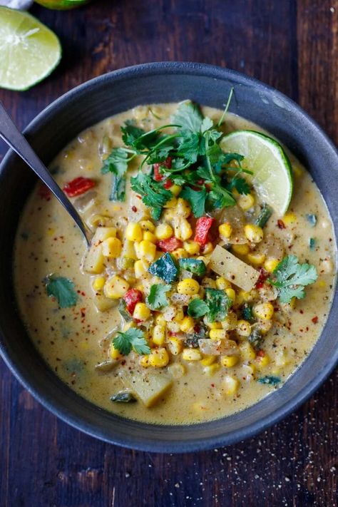 Poblano Corn Chowder, Poblano Corn, Feasting At Home, Poblano Peppers, Vegetarian Soup Recipes, Mexican Spices, Fall Soups, Vegan Soups, Stuffed Poblano Peppers