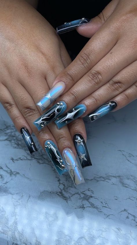 Punk Nails, Airbrush Nails, Edgy Nails, Grunge Nails, Her Nails, Exotic Nails, Unique Acrylic Nails, Bling Acrylic Nails, Square Acrylic Nails