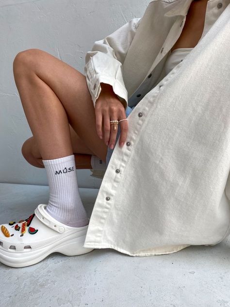 OOTD, womens fashion, casual outfits White Crocks Shoes Outfit, Crocs Photoshoot, Crocs Platforms Outfit, Crocs Fashion Street Styles, Platform Crocs Outfits, Crocs Outfit Summer, Croc Outfits Women, White Crocs Outfit, Crocs Aesthetic Outfit