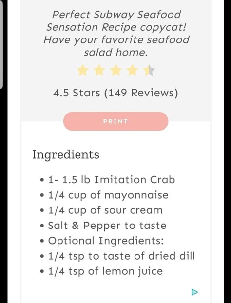 Copycat Subway Seafood Sensation, Seafood Sensation Subway, Subway Seafood And Crab Recipe, Subway Crab Salad Recipe, Subway Seafood Salad Recipe, Subway Seafood Sensation Recipe, Subway Recipes, Seafood Sandwich, Copycat Food