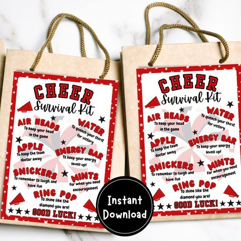 This ready, done-for-you Cheer Survival Kit Bag Tag is a fun gift for a cheerleader or cheer team in your life! Attach them to a gift bag for cheer camp or cheer competition and you're ready to go! They make cute but simple cheer gifts and help your athlete stand out! This sports bag tag is perfect for school teams, club teams, competition gifts, cheer team gifts, and more! Because it's a digital download and printable, your survival kit is delivered to you instantly and ready to go within minutes. Just print, cut, and start using it! You can print as many copies as you need.  The cheer printable prints on US Letter (8.5" X 11") and cuts to 5x7". There are two 5x7" treat tags on the page to save on printing. Please note: this is a printable team cheer bag tag that you can download and prin Cheerleader Thank You Gifts, End Of Season Cheer Gifts Stones, Cheer Competition Gifts Handbags, Cheer Coach Survival Kit Ideas, Cheerleader Goodie Bag Ideas Diy, Cheerleader Survival Kit Ideas, Sport Team Gifts, Cheerleader Spirit Gifts, Cheerleading Competition Gifts