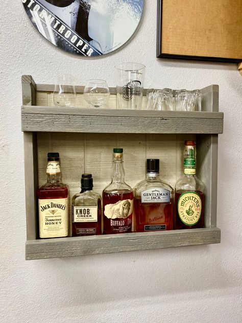 Whiskey Rack Ideas, Bourbon Shelf, Speakeasy Ideas, Whiskey Shelf, Wall Bar Shelf, Barn Board Wall, Whiskey Rack, Whiskey Wall, Diy Whiskey