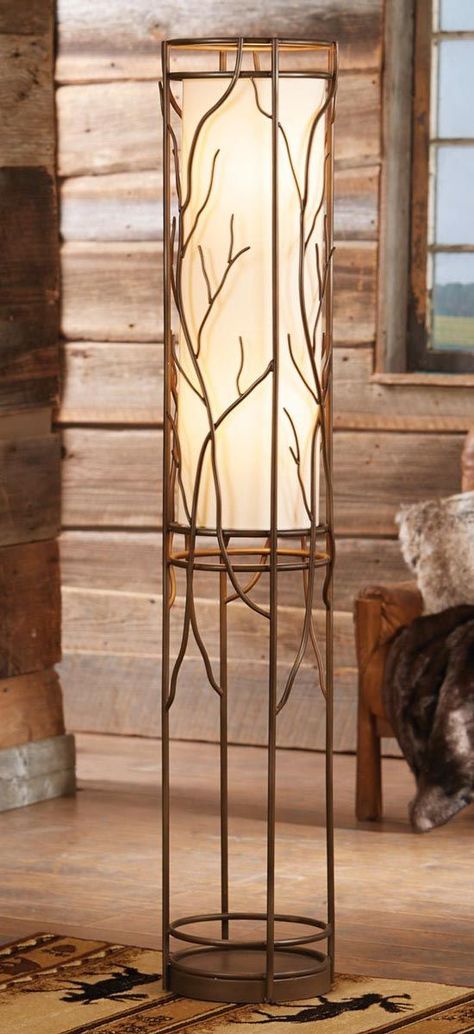 Willow Branch Light: Combining contemporary style with a rustic willow branch design, this metal rustic floor lamp has an antique finish and linen shade. #rusticlighting #rustic #rusticlamps Rustic Lighting Diy, Rustic Floor Lamp, Branch Light, Rustic Floor Lamps, Rustic Floor, Antler Chandelier, Rustic Flooring, Willow Branches, Rustic Bathroom Decor