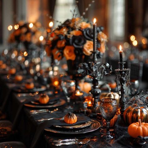 10+ Spooky Halloween Themed Wedding Ideas for a Haunted Celebration • 333k+ Inspiring Lifestyle Ideas & Images Elegant Halloween Wedding Reception, Halloween Wedding Table Settings, Classy Halloween Wedding Wedding Table Decor, Halloween Wedding Reception Food, Halloween Sweetheart Table, Halloween Wedding Table Decor, Halloween Wedding Theme, Elegant Halloween Tablescape, Halloween Dinner Table