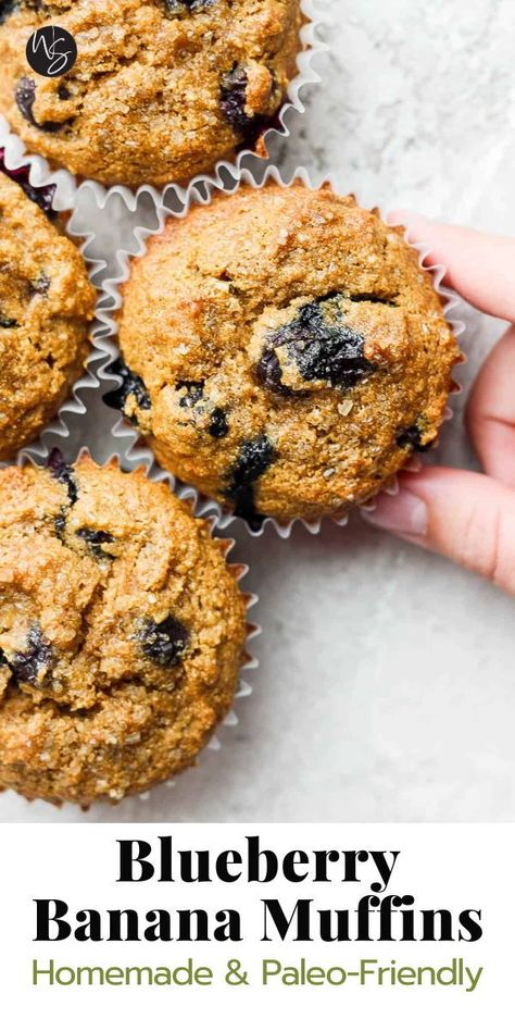 Blueberry Banana Muffins are a quick & easy breakfast or snack option! They have a light & fluffy texture and the perfect amount of sweetness from the blueberries, banana, and a bit of coconut sugar. Eat them right away or save them in the freezer for later! This recipe is gluten-free, dairy-free and Paleo-friendly. Blueberry Banana Muffins, Blueberry Desserts Recipes, Banana Muffins Recipe, Toddler Snack, Banana Oatmeal Muffins, Banana Blueberry Muffins, Moist Muffins, Blueberry Topping, Breakfast Recipes Sweet