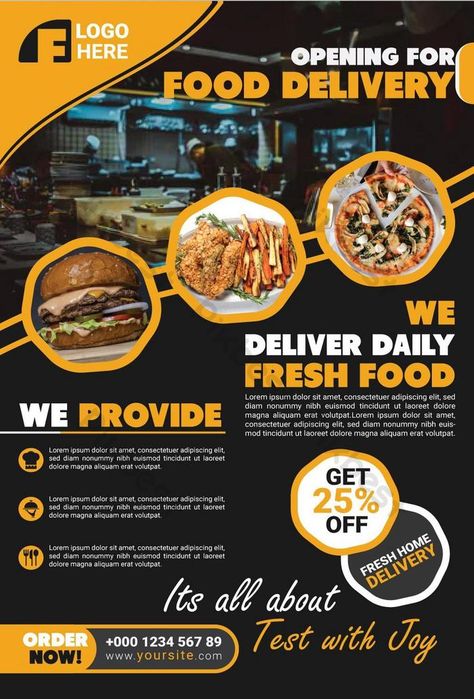 restaurant food delivery poster template Online Food Delivery Poster, Food Delivery Poster, Franchise Poster Design, Fried Chicken Restaurant, Restaurant Promotions, Healthy Restaurant Food, Brochure Examples, Food Discount, Japanese Food Sushi