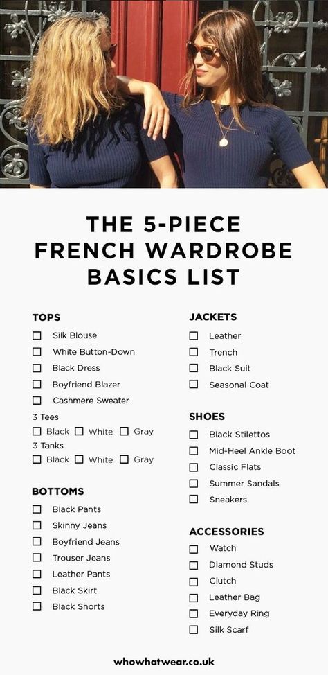 How to Create a 5-Piece French Wardrobe and Change Your Life This French-inspired capsule wardrobe will help you get dressed with ease and cultivate your own look. Keep reading for our tips on French girl style. Wardrobe Basics List, 5 Piece French Wardrobe, French Wardrobe Basics, French Capsule Wardrobe, Black Suit Dress, French Wardrobe, French Girl Style, French Girls, Fashion Capsule