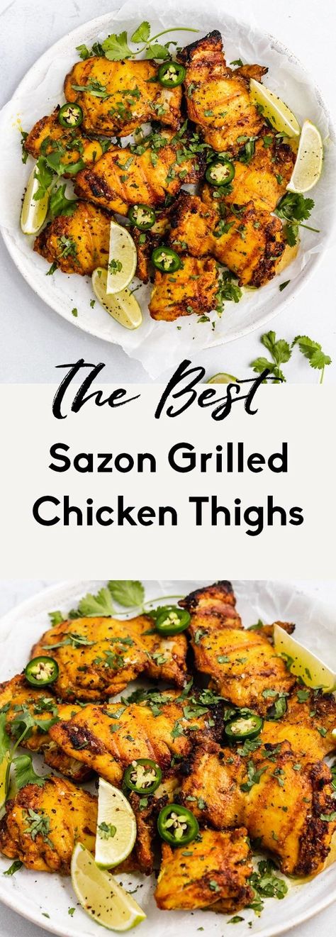 Flavorful sazon grilled chicken thighs marinated in a homemade sazon seasoning blend and grilled to juicy perfection. This easy grilled chicken thigh recipe is perfect for adding to tacos, salads, bowls and more! #chicken #grilling #sazon #dinner #mealprep Chicken Thigh Marinade Recipes, Homemade Sazon, Goya Sazon Recipe, Grilled Chicken Thigh Recipes, Goya Recipe, Sazon Seasoning, Salads Bowls, Chicken Thigh Recipe, Spice Blends Recipes