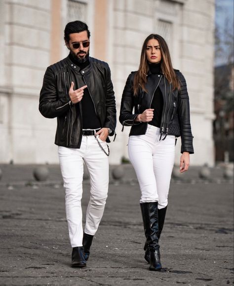 Outfit Pareja, Couples Matching Outfits Swag, Couple Outfits Matching, Couples Clothes, Black Leather Jacket Outfit, Black And White Couples, Couple Matching Outfits, Couple Fits, Couples Outfit