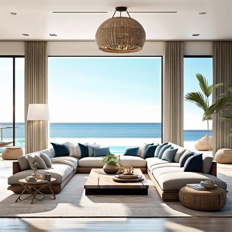 Large windows with sheer curtains. Want to bring the serene and stylish vibe of the coast into your living room? Here’s how to nail modern coastal decor with ease, combining airy spaces, natural textures, and oceanic hues for a chic seaside sanctuary! Modern Coastal Luxe Interiors, Modern Sanctuary Interior Design, Waterfront Interior Design, Luxury Beach Condo Interior Design, Edgy Coastal Interior Design, Surfer Living Room Ideas, Large Coastal Living Room, Interior Design Beach Modern, Modern Seaside Interior