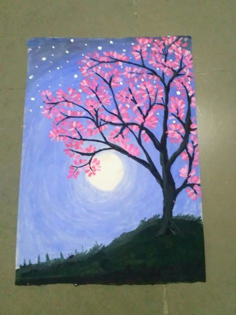 Shadow tree painting Tree Silloutes Painting, Night Time Tree Painting, Pink Trees Painting, Shadow Painting Ideas Aesthetic, Simple Nature Paintings Acrylic, Easy Tree Painting, Cherry Blossom Painting Acrylic, Tree Painting Easy, Nature Paintings Acrylic