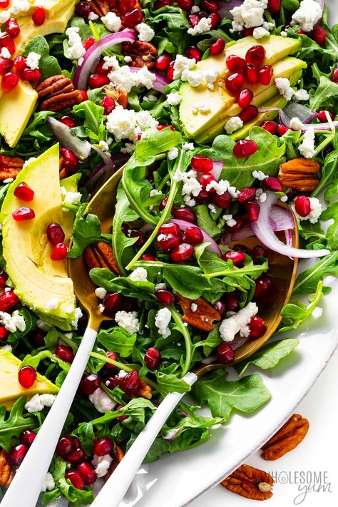 Pomegranate Salad - Wholesome Yum Pomegranite Salad, Pomegrante Salad, Pomegranate Recipes Salad, Main Salad, Pomegranate Recipes, Vegetarian Salad, Wholesome Yum, Pomegranate Salad, Avocado Salad Recipes