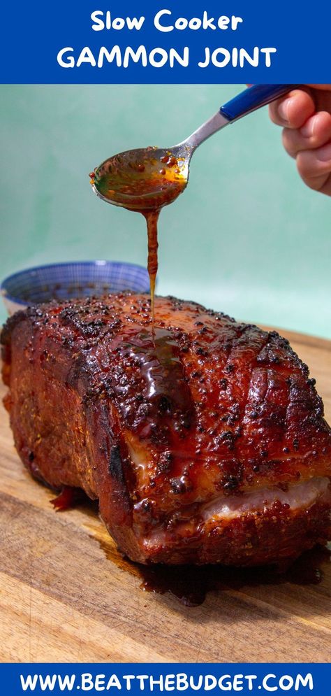 This slow cooker gammon recipe is not only the easiest way to cook a gammon joint but results in the most tender, juicy meat. Topped off with a delicious honey mustard glaze that you can leave gooey and delicious or crisp up quickly in the oven. Honey Roast Gammon, Baked Gammon, Slow Cooked Gammon, How To Cook Gammon, Slow Cooker Gammon, Roast Gammon, Honey Roast Ham, Roast Ham, Gammon Recipes