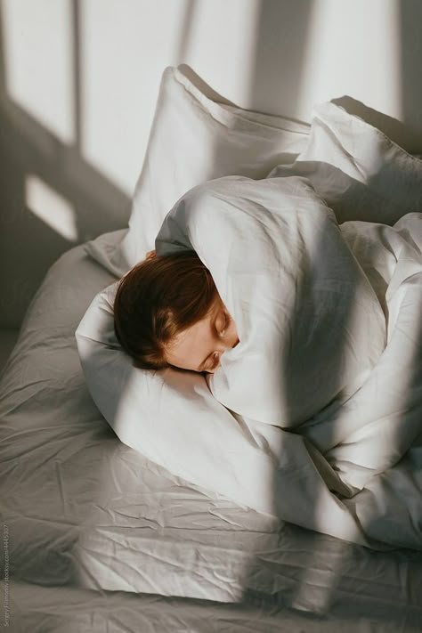 "Tranquil Woman Sleep In Bed In Sunny Morning" by Stocksy Contributor "Serge Filimonov" - Stocksy Sleeping Woman Aesthetic, Sleep Blue Aesthetic, Sleep Well Aesthetic, Woman Sleeping Aesthetic, Sleeping Woman In Bed, Sleep Photography, Sleeping Aesthetic, Sleep Wellness, Morning Aesthetics