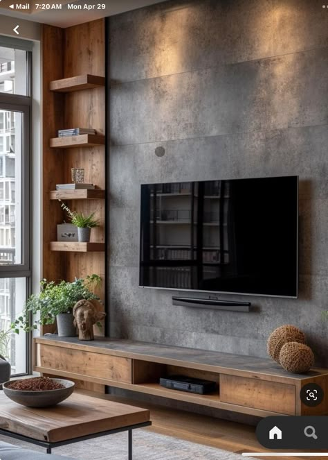 Living Room Tv Wall Industrial, Tv Wall Industrial, Modern Industrial Tv Wall, Long Tv Wall, Small Tv Wall Ideas, Industrial Living Room Tv Rack, Panel Tv Industrial, Modern Lounge Rooms, Wood Paneling Living Room