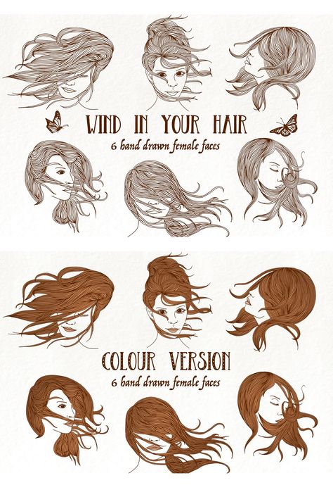 Wind in Your Hair - Hand drawn Girls' Faces Vector Illustration - Drawing Female Hair How To Draw Hair Blowing In The Wind, Hair Waving In The Wind Drawing, Hair Blown By Wind Drawing, Wind Hair Drawing, Blowing Hair Drawing Reference, Wind Blown Hair Drawing Reference, Windy Hair Drawing Reference, Wind Blown Hair Drawing, Windy Hair Reference