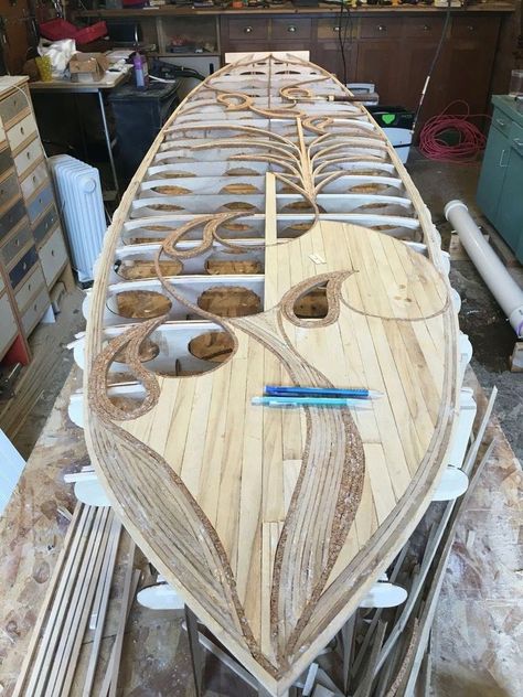 Wood Paddle Boards, Wooden Inlay, Wood Surfboard, Wooden Surfboard, Wooden Boat Building, Woodworking Storage, Wooden Boat Plans, Intarsia Woodworking, Woodworking Box