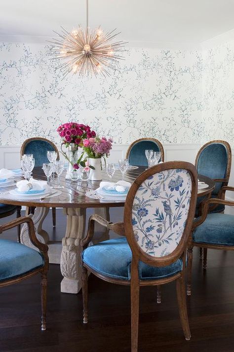 White and Blue Dining Room with Nickel Sputnik Chandelier - Transitional - Dining Room White And Blue Dining Room, Blue Dining Room, Charming Dining Room, Dining Table Design Modern, Blue Velvet Dining Chairs, Transitional Dining Room, Dining Room Blue, Reupholster Furniture, Dining Room Colors