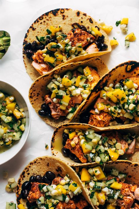 Mango Corn Salsa, Salmon Tacos Recipe, Mild Taco Seasoning, Spicy Shrimp Tacos, Corn Salsa Recipe, Cucumber Salsa, Pinch Of Yum, Salmon Tacos, Cilantro Lime Sauce