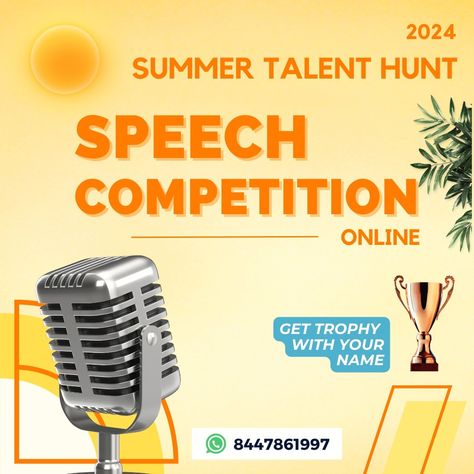 🎤 Announcing the National Speech Competition - Summer Talent Hunt 2024! 🌞 Showcase your public speaking skills and share your voice with the nation. Compete with talented speakers from across the country and let your words inspire! 🌟 📸 Share your participation using #SummerTalentHunt2024, #SpeechCompetition, and #YoungOrators. Sign up now and let your voice be heard! 🎉 #SummerTalentHunt #SpeechCompetition #YoungOrators #InspiringVoices #PublicSpeaking2024 Speech Competition, Speaking Skills, Public Speaking, Your Voice, The National, The Voice, Sign Up, Let It Be