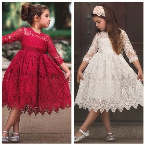 Long Sleeve Kids Dress, Styles For Children, Girls Lace Dress, Girls Boutique Clothing, Lace Styles, Pageant Gowns, Round Neck Dresses, Lace Flower, Newborn Dresses