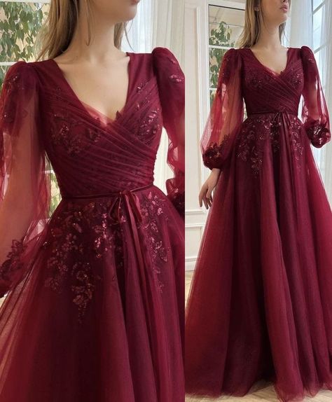 Latest gowns ideas Prom Dress With Long Sleeves, Gown Aesthetic, Burgundy Homecoming Dresses, Fashion Jobs, Simple Prom Dress, V Neck Prom Dresses, Fancy Dresses Long, Two Piece Homecoming Dress, Sequin Prom Dresses