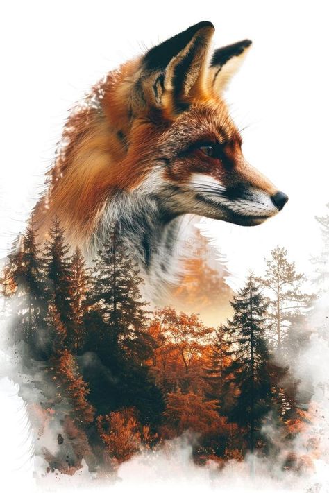 Majestic Double Exposure Fox Portrait Blending with Autumn Forest stock photography Fox Portrait, Double Exposure Art, Vector Mountain, Double Exposure Portrait, Photography Forest, Double Exposition, Foxes Photography, Fox Painting, Fox Design