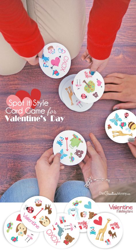 If you love the Spot It card game, then you'll love this Valentine's Day matching game, too! {OneCreativeMommy.com} Free Printables Valentines Games, Fun Card Games, Games Party, Preschool Valentines, Valentine's Day Games, Happy Valentines Day Card, Valentine Activities, Valentine Crafts For Kids, Spot It