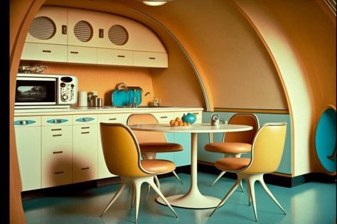 50s Futurism Interior Design, 70’s Interior Design, Guest Kitchen, Space Age Interior, Futuristic Decor, 70’s Decor, Style Apartment, Retro Interior Design, Mcm House