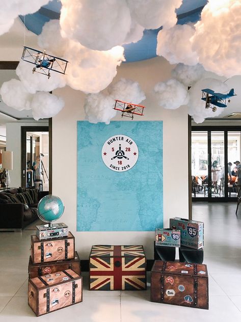 Around The World Prom Theme Ideas, Aviation Party Decorations, Airline Classroom Theme, Vbs Adventure Theme, Aviation Themed Party Adult, Airline Theme Party, Plane Themed Party, Aviation Themed Birthday Party, Airplane Theme Classroom