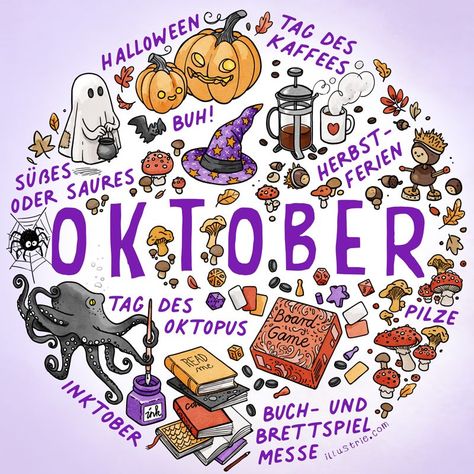 Oktober–Illustration für Bulletjournals & Kalender - illustrierte Liste im Sketchnotestil von herbstlichen Aktivitäten und Feiertagen by Illustrie.com . Inktober, Oktober, bulletdiary, BuJo, art, illustration, Dessin, Zeichnung, sketchnote, graphic recording, Monat, Kalender, Planer, Kalenderblatt, Titelblatt, Termine, Familienkalender, Jahresplaner, Tagebuch, Journal, Jahreszeit, Saison, drawing, Herbst, Laub, Kastanienmännchen, Pfifferlinge, Herbsteszeit, Halloween, Kaffee, Krake, Oktop Months Illustration, October Illustration, Month Illustration, Calendar Doodles, Calendar Graphic, Calendar Illustration, Drawing Autumn, Bujo Art, Illustration Calendar