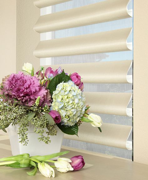 Welcome spring into your home with the soft light filtering beauty and elegance of Pirouette® window shadings ♦ Hunter Douglas window treatments #FloralArrangements Hunter Douglas Silhouette, Hunter Douglas Shades, Hunter Douglas Blinds, Zebra Blinds, Flooring Carpet, Horizontal Blinds, Custom Blinds, Hunter Douglas, Cool Curtains