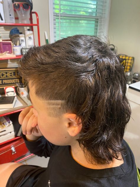 Mullet On Boys, Nice Mullet Men, Country Mullet Men, Mullet With Lines On Side Men, Hockey Mullet Hair Kids, Soccer Mullet Haircut, Hockey Mullet Hairstyle Mens, Fohawk Haircut Fade Mullet, Little Boy Mullet Haircut Toddler